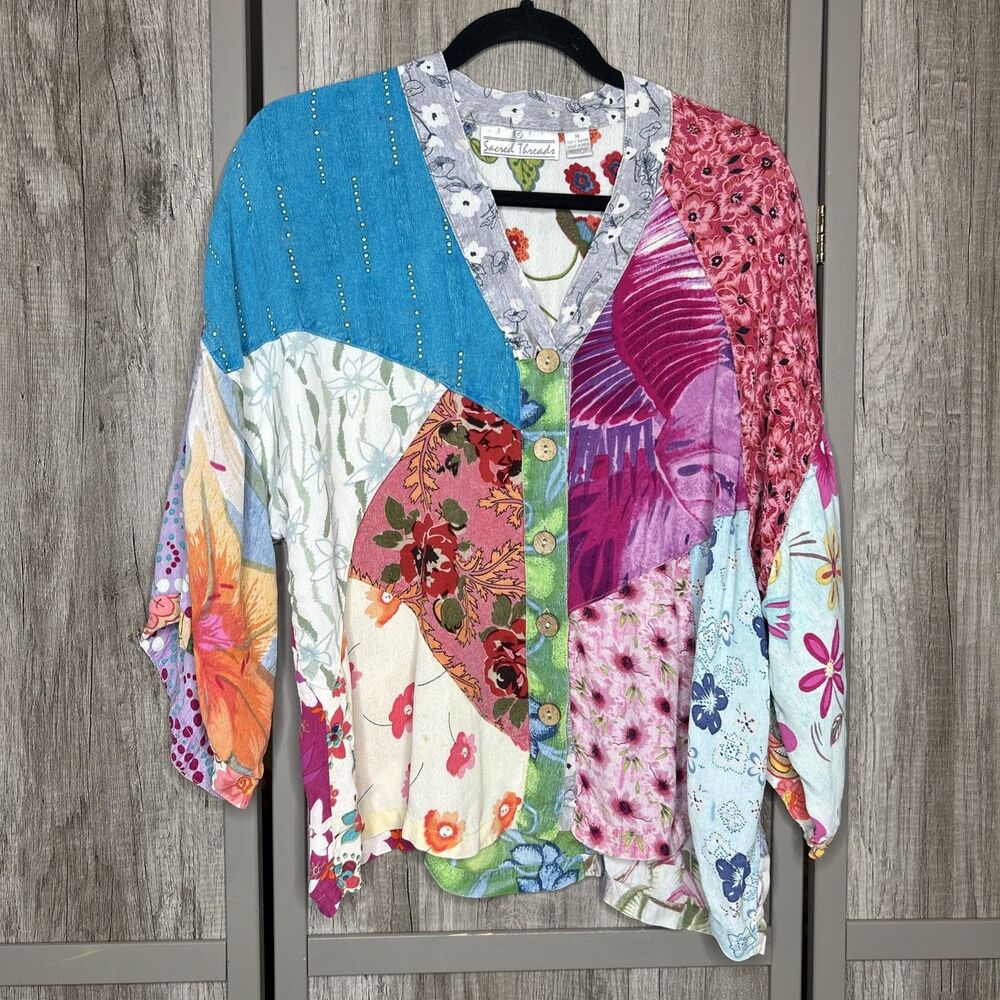 Sacred Threads Top Patchwork Colorful Bohemian Rayon Floral Size M